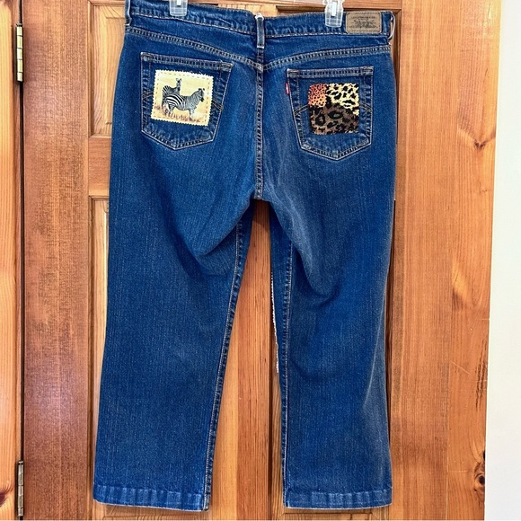 Levi’s 505 strght leg 14 S patchwork, hand, stitched jeans, safari jungle design - Picture 9 of 11